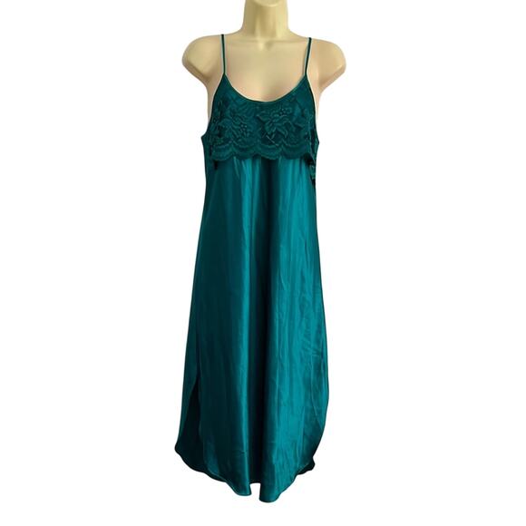 Teal Lace-Trimmed Satiny Nightgown Vintage Dentelle 90’s Size Medium - Picture 1 of 9